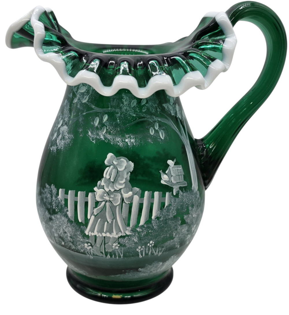 Fenton Glass Emerald Mary Gregory Snow Crest Pitcher SIGNED T KELLEY